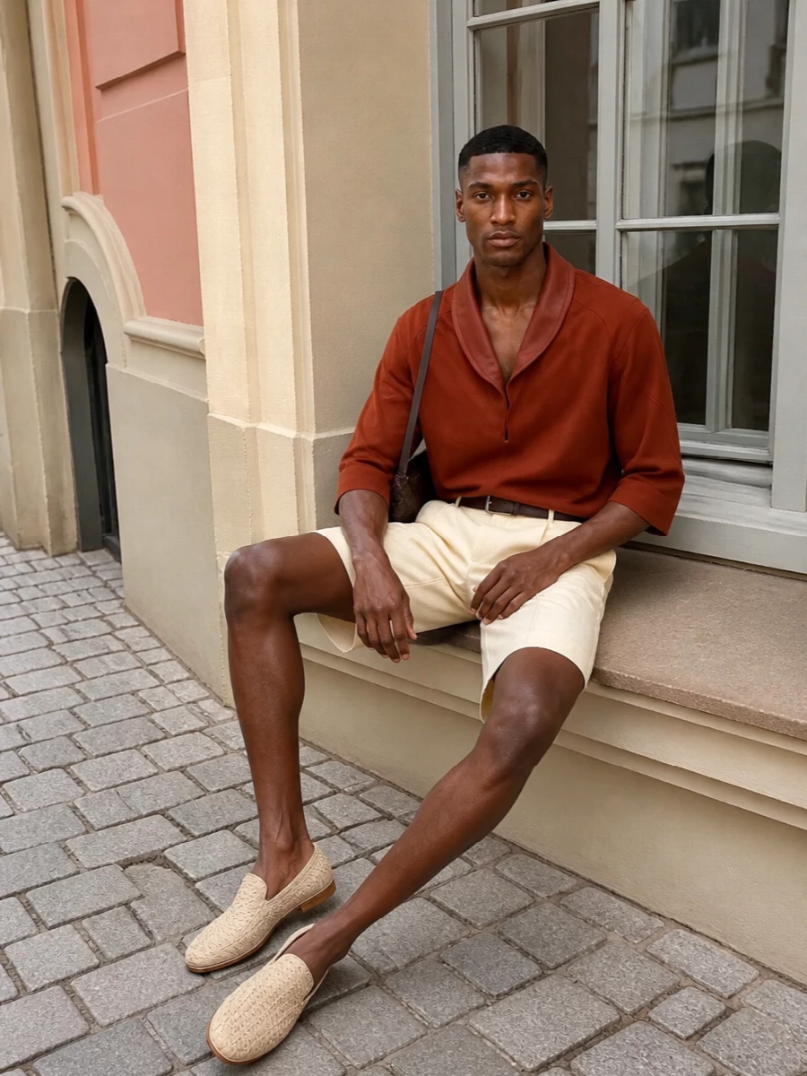 Bottega veneta rust shirt tailored shorts outfit