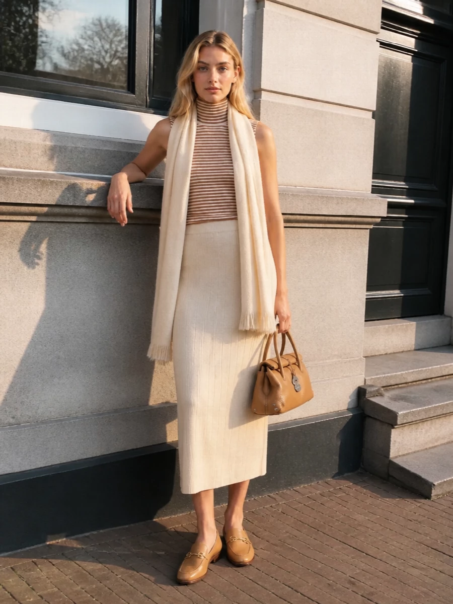 Max mara striped turtleneck cream ribbed midi skirt