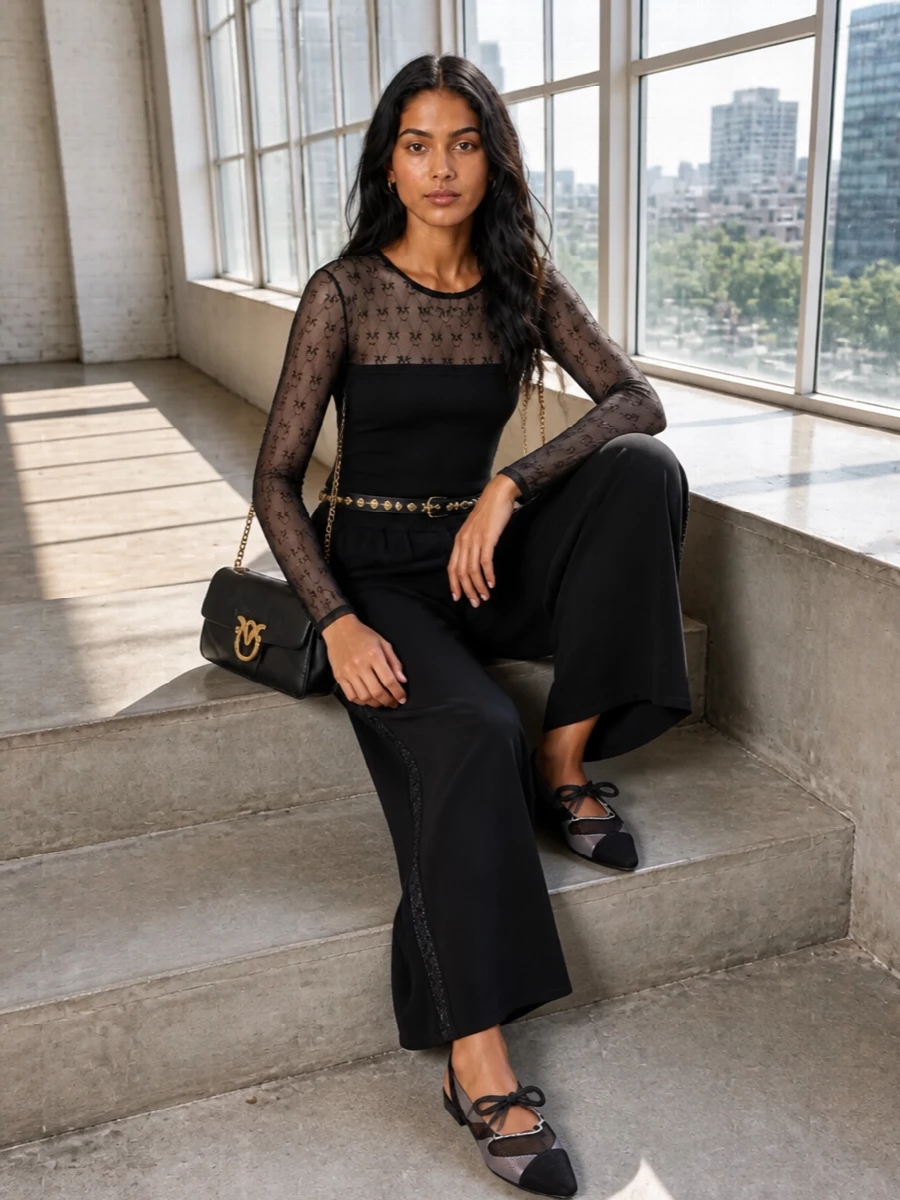 Pinko black mesh top wide leg lace trousers