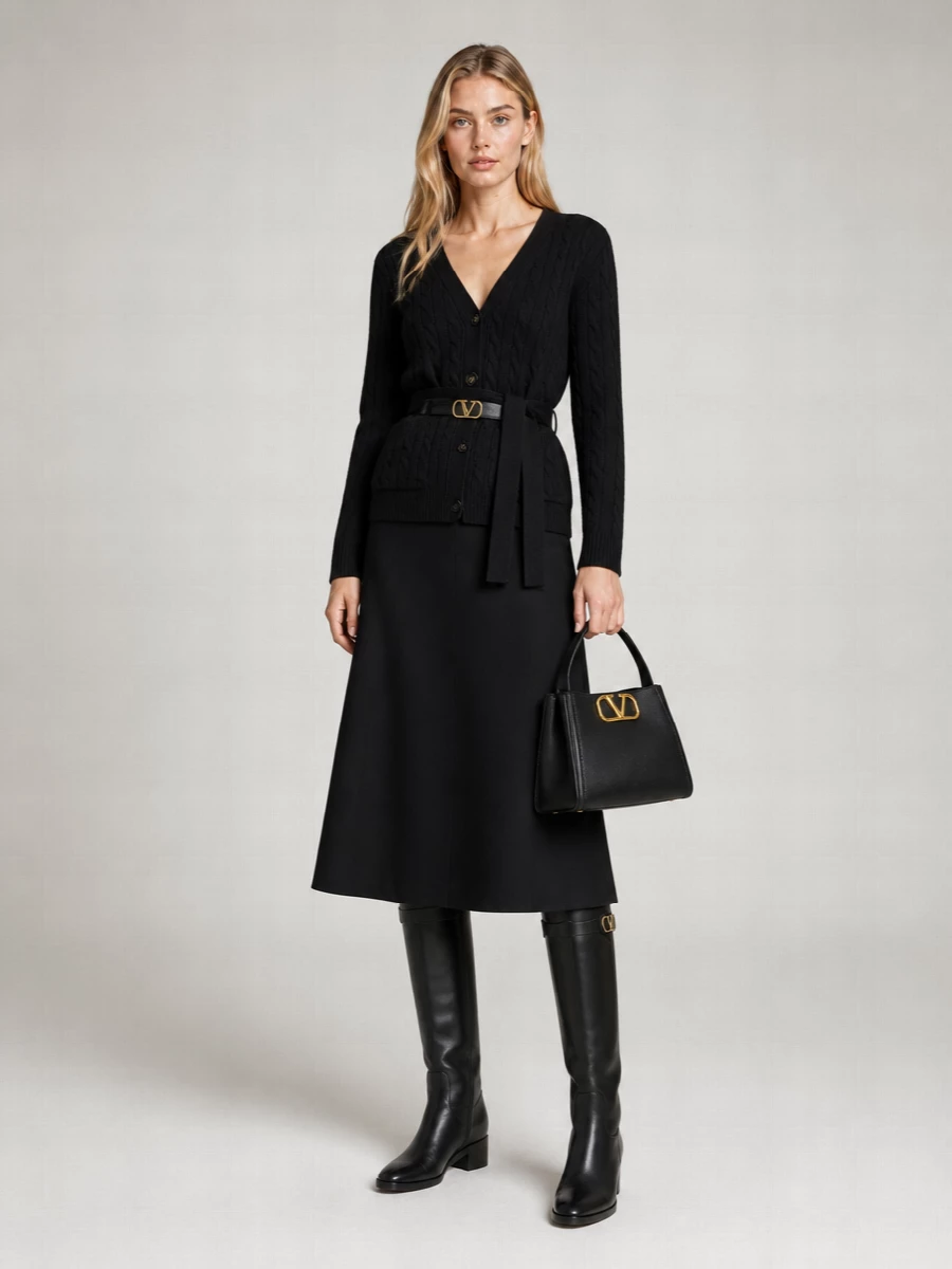 Valentino Cashmere Cable-Knit V-Neck Long-Sleeve Belted Cardigan
