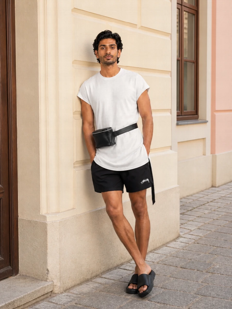 Black Stüssy shorts ground a clean monochrome story, cut short against the elongated off-white DRKSHDW tee for a sharp, relaxed proportion. Chunky black Adidas slides keep it firmly in a sport-driven street space, ideal for city heat or post-beach days. A compact Rick leather belt bag and low-profile Y-3 belt tie it together with quiet, technical polish rather than loud branding.
