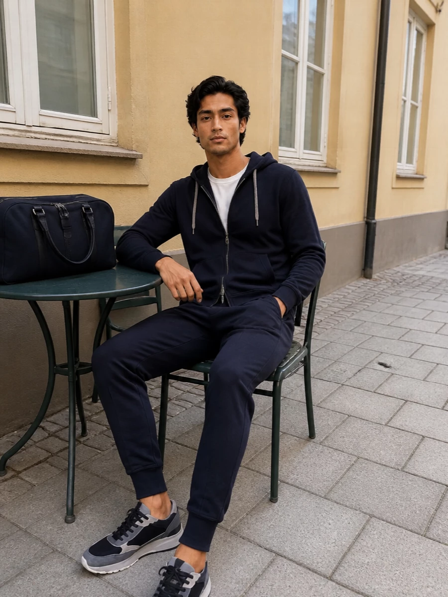 Brunello cucinelli navy hoodie travel outfit