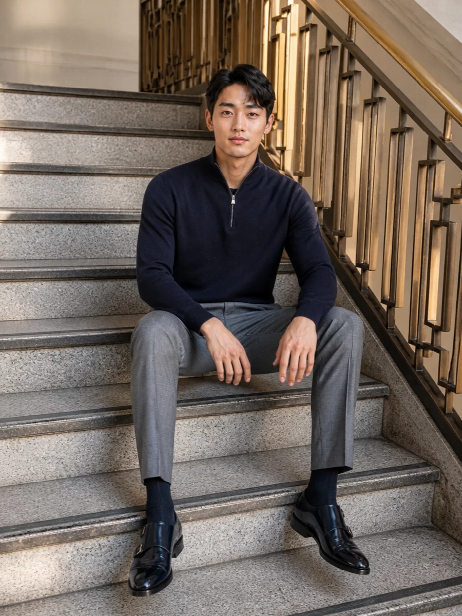 Ink navy and mid grey create a calm, precise palette, with the half‑zip knit and slim tailored trouser reading as quiet, modern office dressing. Glossy navy double monks sharpen the line without feeling stiff, while the structured black tote keeps the whole combination boardroom ready yet understated. It is a refined, travel‑friendly uniform for days that move from desk to dinner.