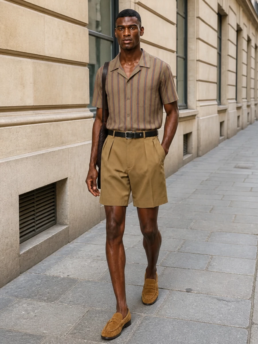 Saint laurent camp shirt camel shorts outfit