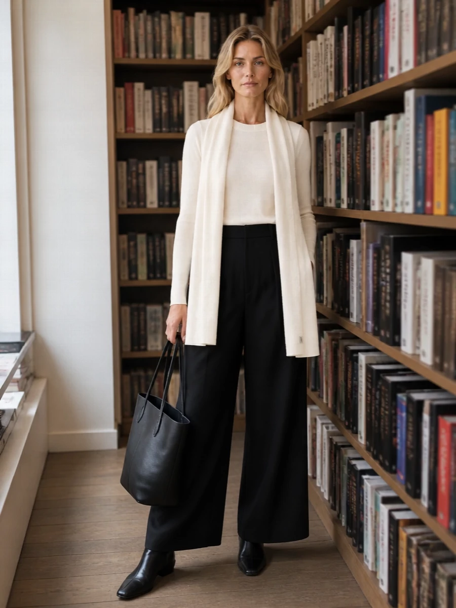 An ivory fine-gauge knit is grounded with high-waisted black wide-leg trousers for a clean, elongated line. Black sock boots and a structured tote continue the graphic contrast, while an ivory scarf keeps the upper half soft and tonal. The result is quietly precise, ideal for days that move between desk and dinner without a change of pace.