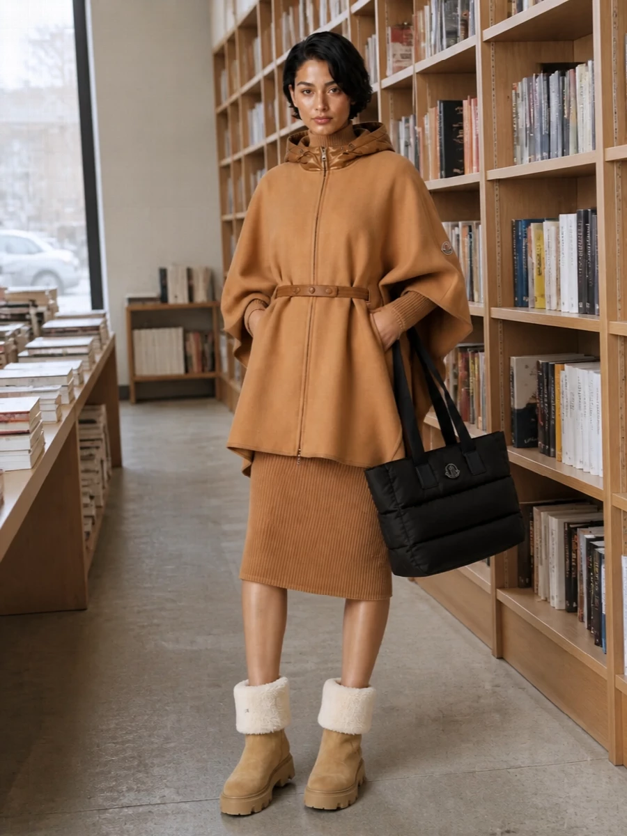 Moncler poncho camel sweater dress outfit