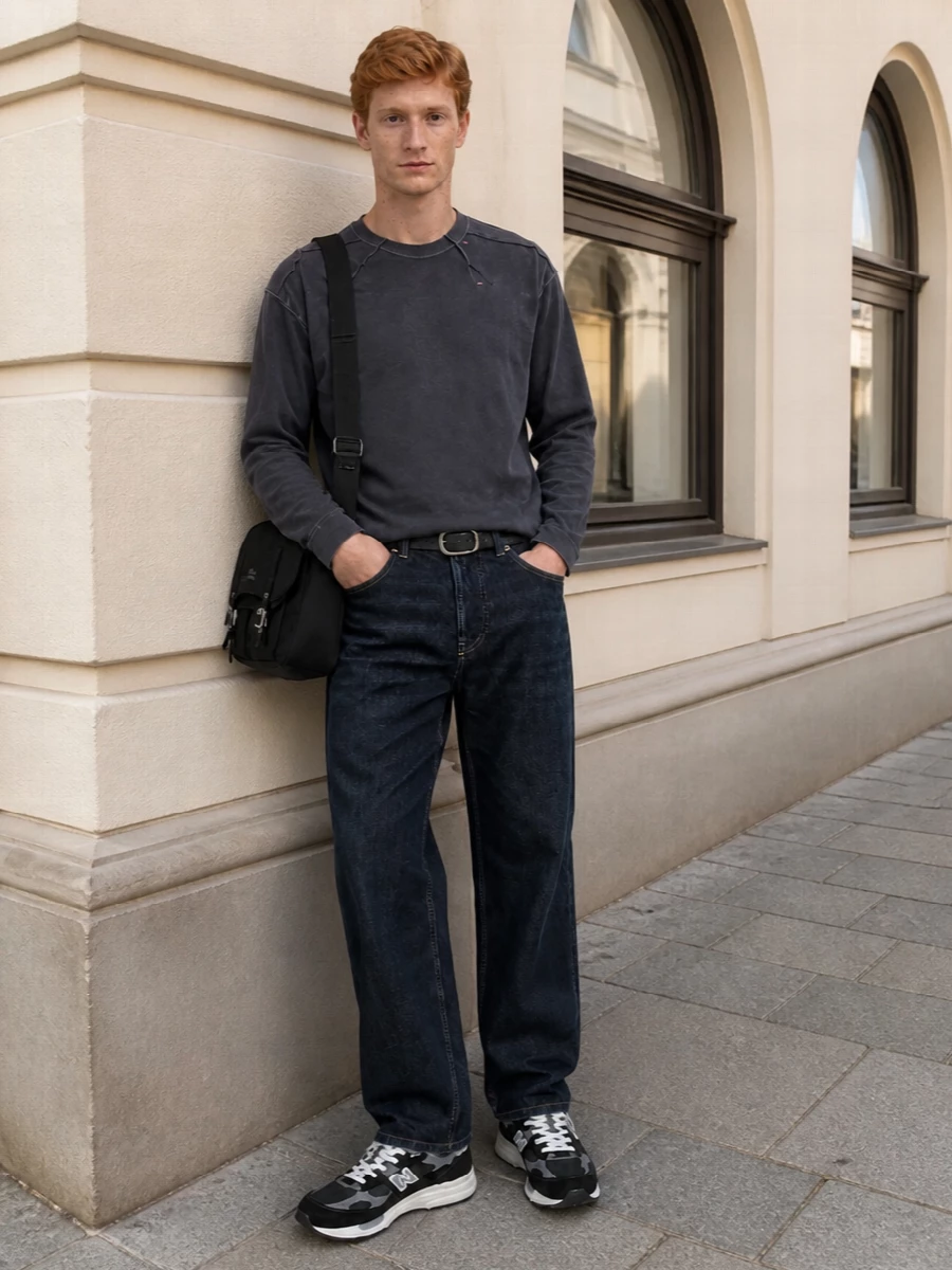 Dark indigo denim meets washed charcoal up top for a quietly grunge streetwear vibe that feels broken in from day one. The straight-leg jean and relaxed crew keep the silhouette easy, while the technical-leaning sneakers and clean messenger bag sharpen the mood just enough for daily city wear. It is a tight, tonal mix of utility and minimal branding that still reads distinctly Diesel.