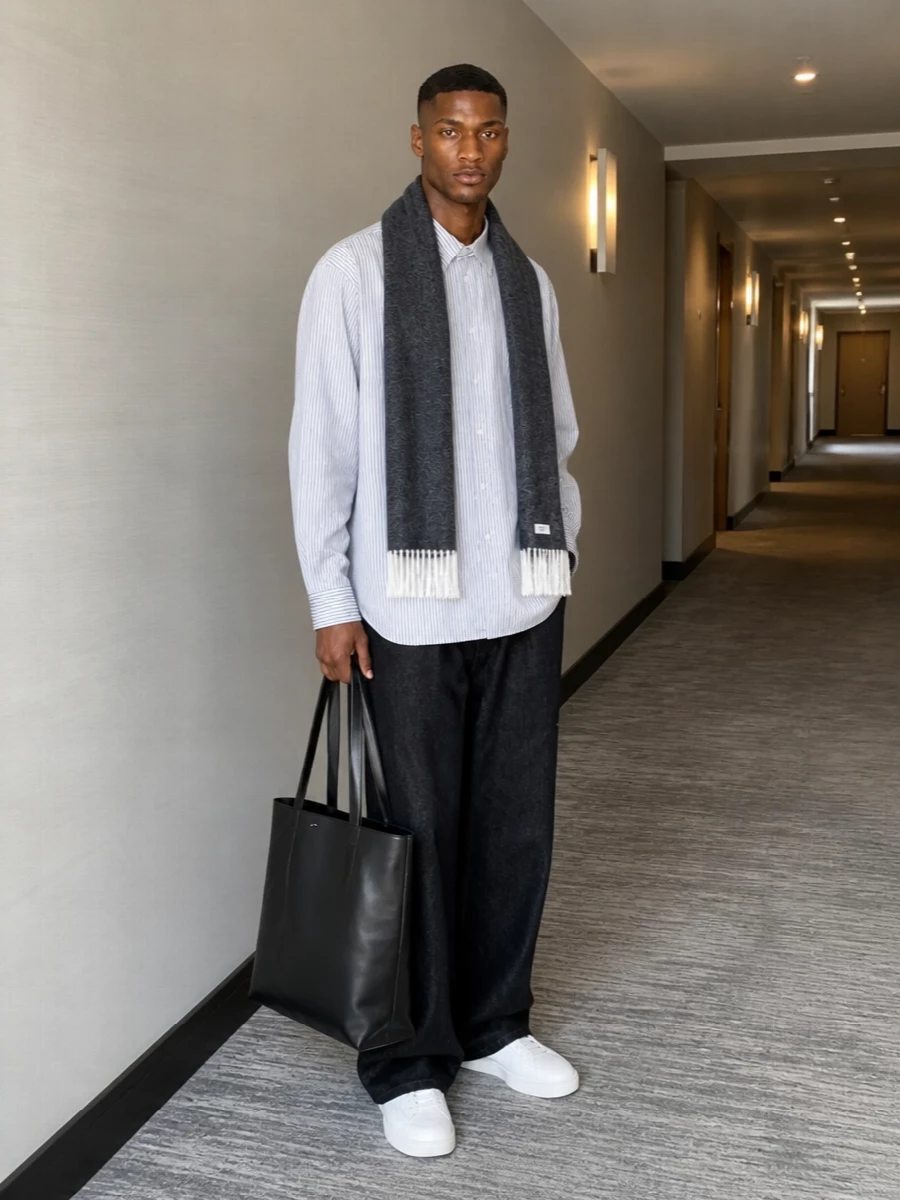 A relaxed striped shirt is grounded by high-rise wide-leg trousers for a quietly directional take on office tailoring. Clean white sneakers keep the mood easy rather than stiff, while a structured black tote and soft charcoal scarf add just enough polish for city days that move from desk to dinner.