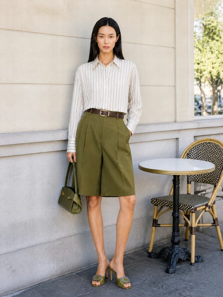 Brunello cucinelli shirt olive culottes outfit