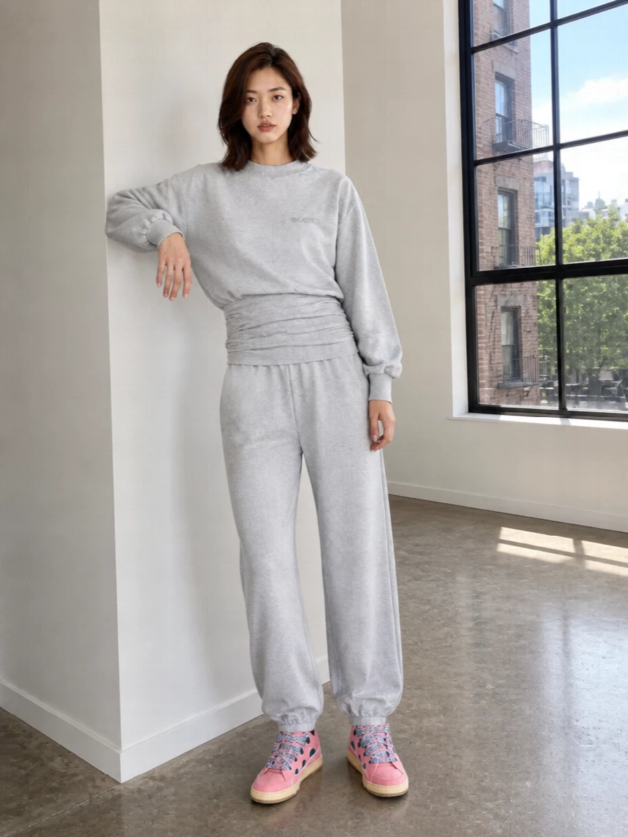 This is a sport-rooted city outfit that lets the Lanvin sneakers do the talking, grounded by tonal greys and a hint of blush. I chose the top and jogger path over a dress to keep the proportions relaxed, athleisure and in line with the sneaker’s chunky, low-top energy. The result is directional but easy, with a sculpted waist and wide volume through the leg that feels modern and wearable all day.