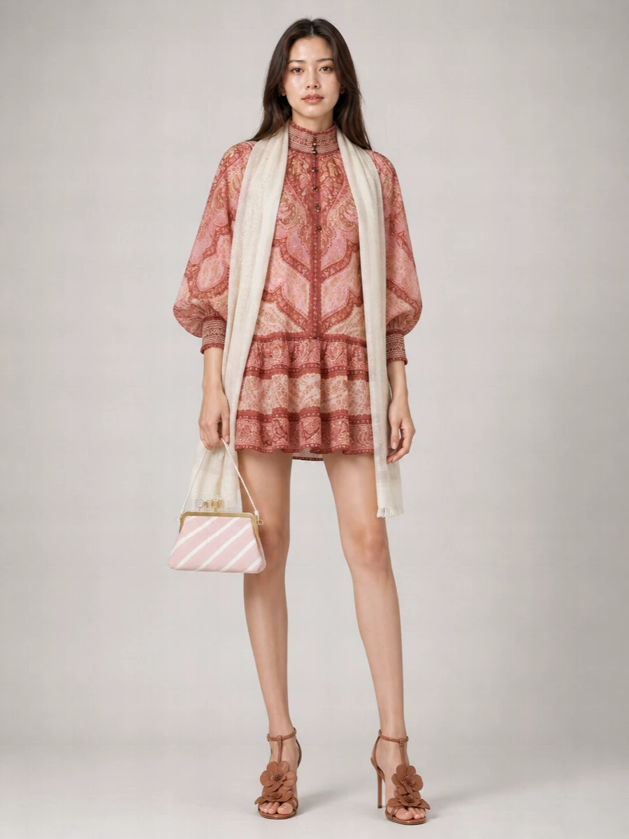 Zimmermann Silk Paisley-Print High-Neck Long-Sleeve Mini Dress