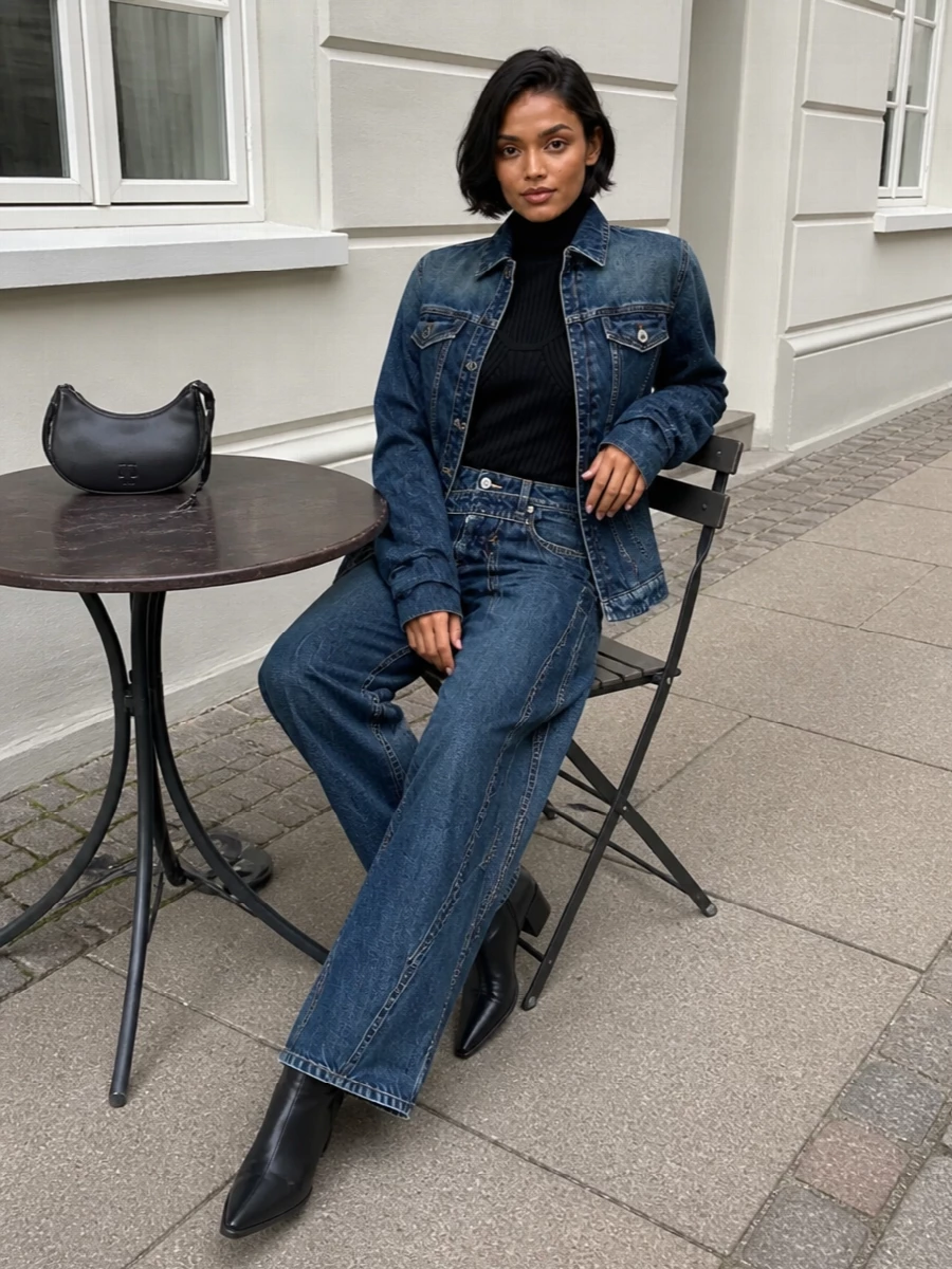 Jean paul gaultier denim jacket wide leg jeans outfit