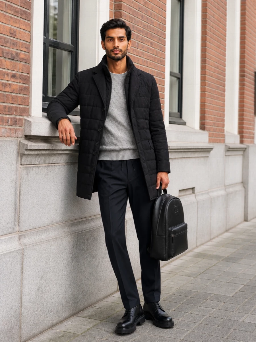 Herno padded coat navy trousers derby shoes