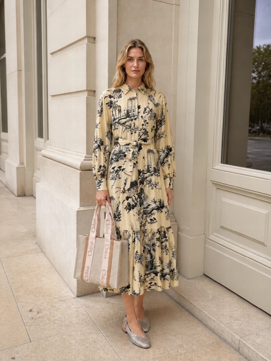 This outfit leans into the Chloé tote’s relaxed, boho-quiet luxury by centering the Etro printed shirt dress rather than breaking the line with separates. The fluid midi, cinched softly at the waist, plays beautifully with the tote’s structured canvas and leather, while the woven metallic flats add a subtle, artisanal sparkle that keeps everything light and city-ready. It’s an understated neutral story with just enough print and texture to feel interesting without tipping into fuss.