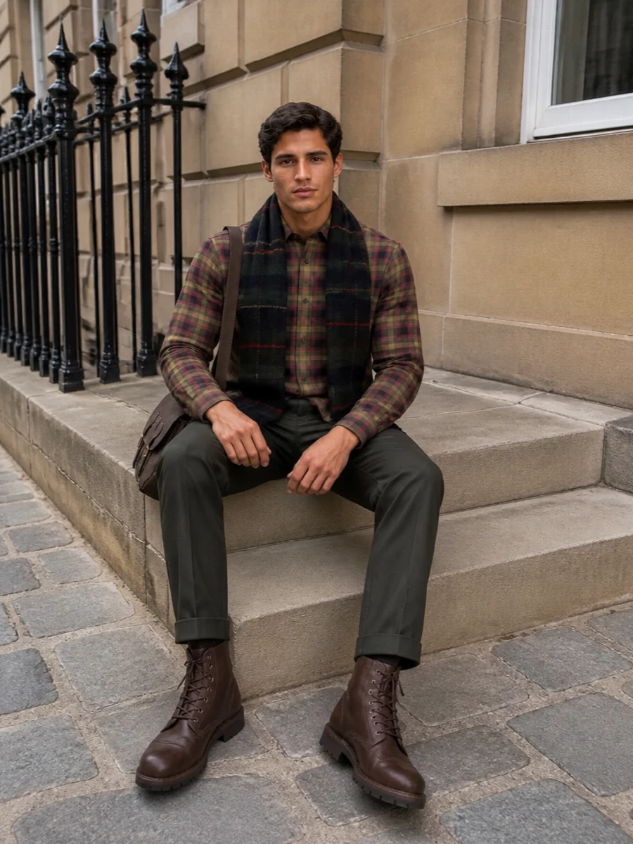 Timberland plaid shirt olive chinos boots