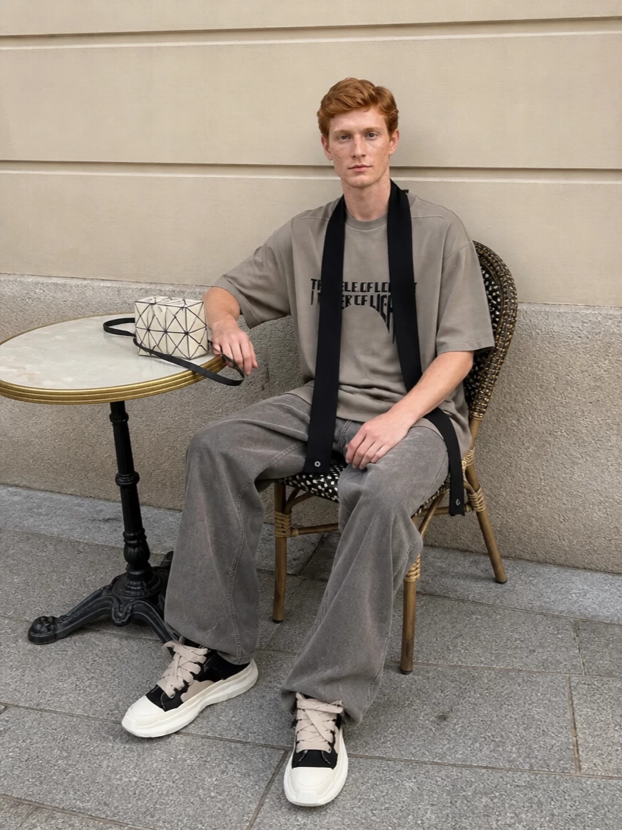 Rick owens drkshdw taupe tee wide grey jeans