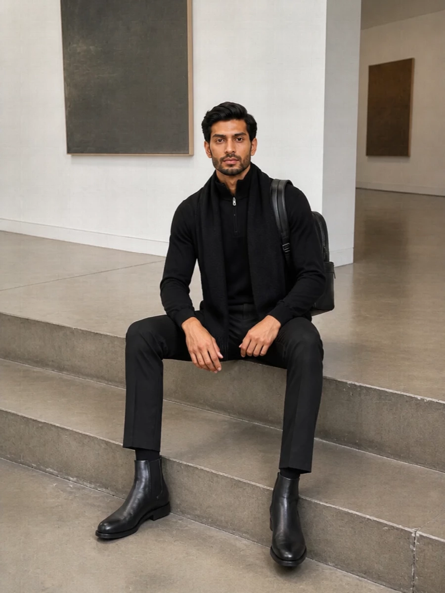 Boss black zip neck sweater tailored trousers outfit