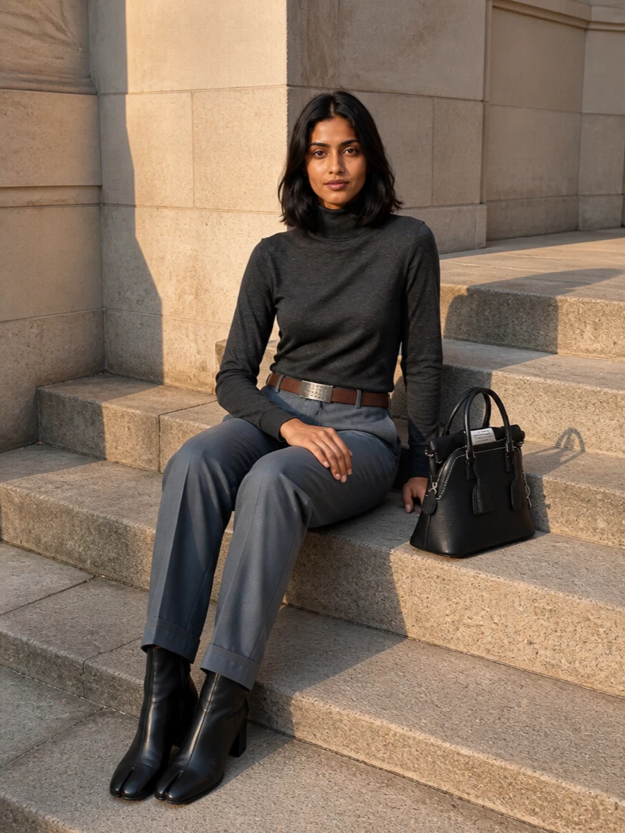 Charcoal-on-charcoal tailoring keeps the mood precise and introspective, with the soft knit turtleneck echoing the clean line of the straight-leg trouser. Black split-toe boots and a structured Margiela bag sharpen the edges, while a slim belt at the waist adds just enough definition to keep the silhouette intentional rather than slouchy. The result is a quietly rigorous city uniform that moves easily from desk to late dinner without changing a piece.