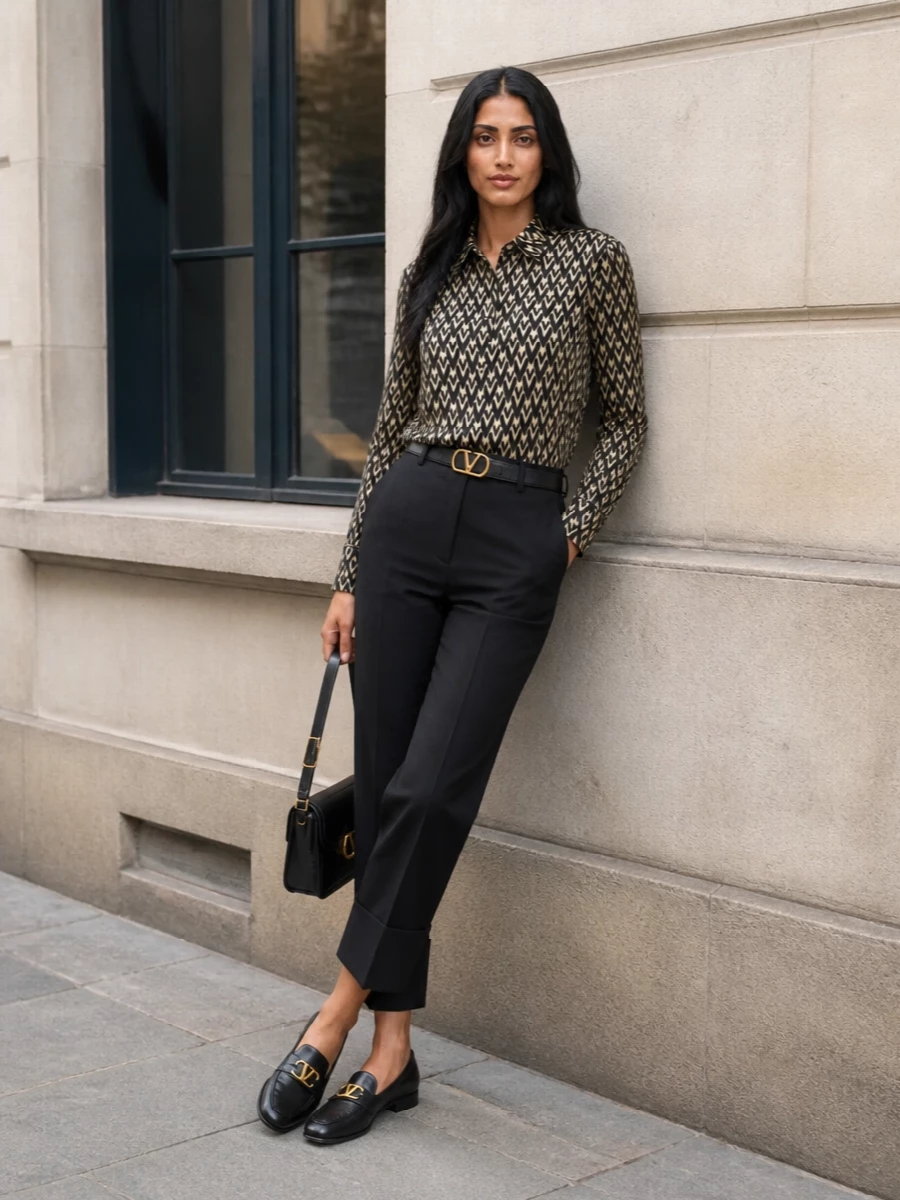 This look leans into Valentino’s graphic codes with a black-and-gold patterned silk shirt grounded by cropped black tailored trousers for a clean, architectural silhouette. Black loafers and a structured black shoulder bag in matching gold hardware keep the palette tightly edited, while a slim logo belt quietly defines the waist for a polished, modern SS take on power shirting.
