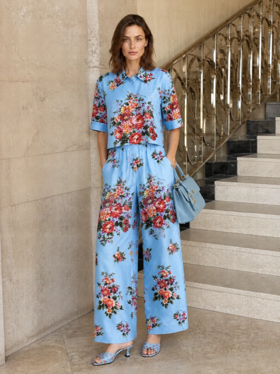 Dolce gabbana blue floral shirt wide leg trousers
