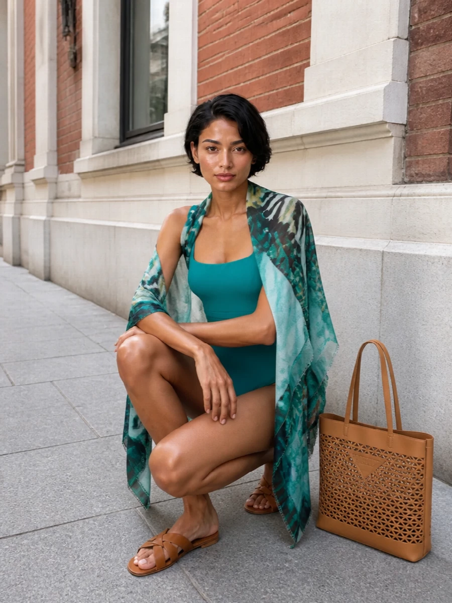 Teal swim, tan leather and cut-out Prada create a resort palette that feels calm but intentional. Flat strappy slides and a roomy tote keep everything low-key and functional, while the gauzy teal wrap adds just enough texture for pool bar or boardwalk. It is an unfussy, confident way to wear strong color without leaving the minimalist lane.