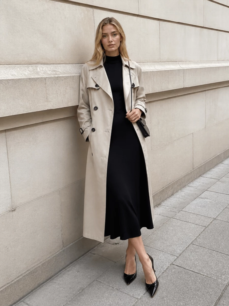 Jacquemus trench coat black midi dress outfit