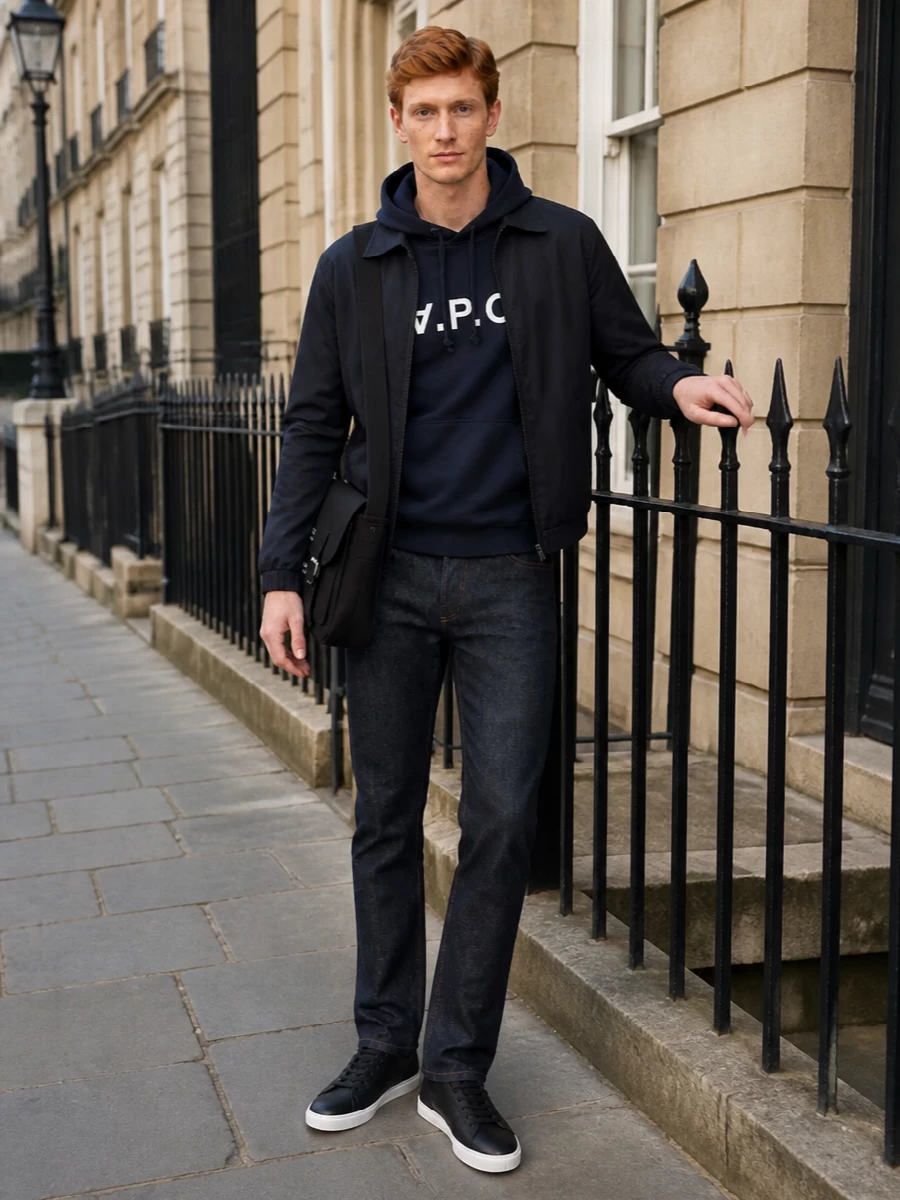 Apc navy blouson hoodie dark denim outfit