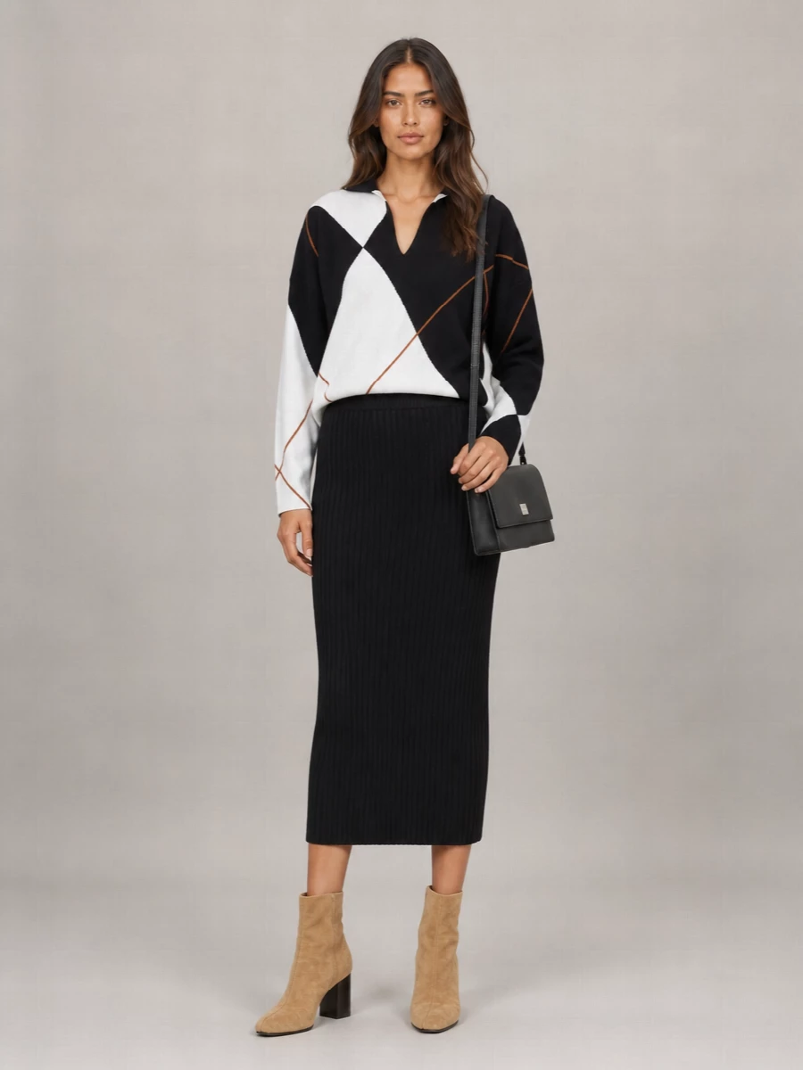Max Mara virgin wool ribbed high neck argyle sweater