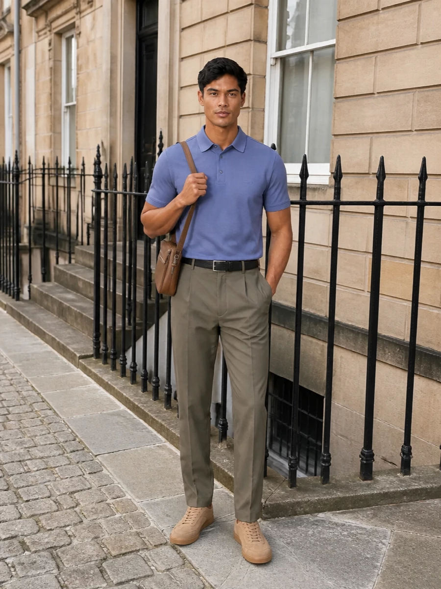 Dusty periwinkle and olive taupe create a calm, intelligent colour story that feels considered without trying too hard. Tailored trousers and sand suede sneakers keep the silhouette clean and modern, pitched perfectly between office-ready and weekend lunch. A tan shoulder bag and discreet two-tone belt quietly echo the warmer notes, reinforcing an easy, quietly confident finish.