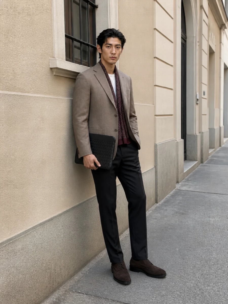 Boglioli taupe blazer bottega charcoal trousers
