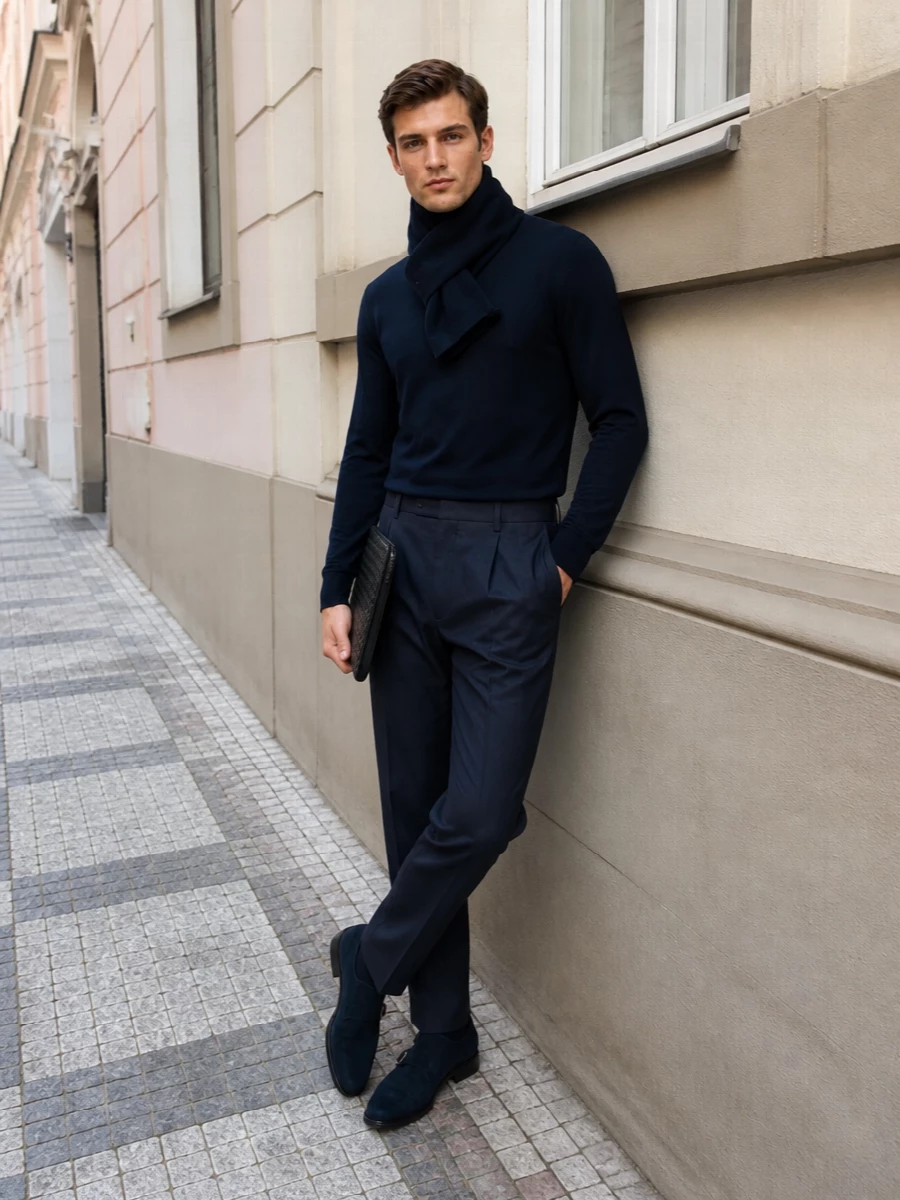 Zanone navy turtleneck tailored trousers outfit