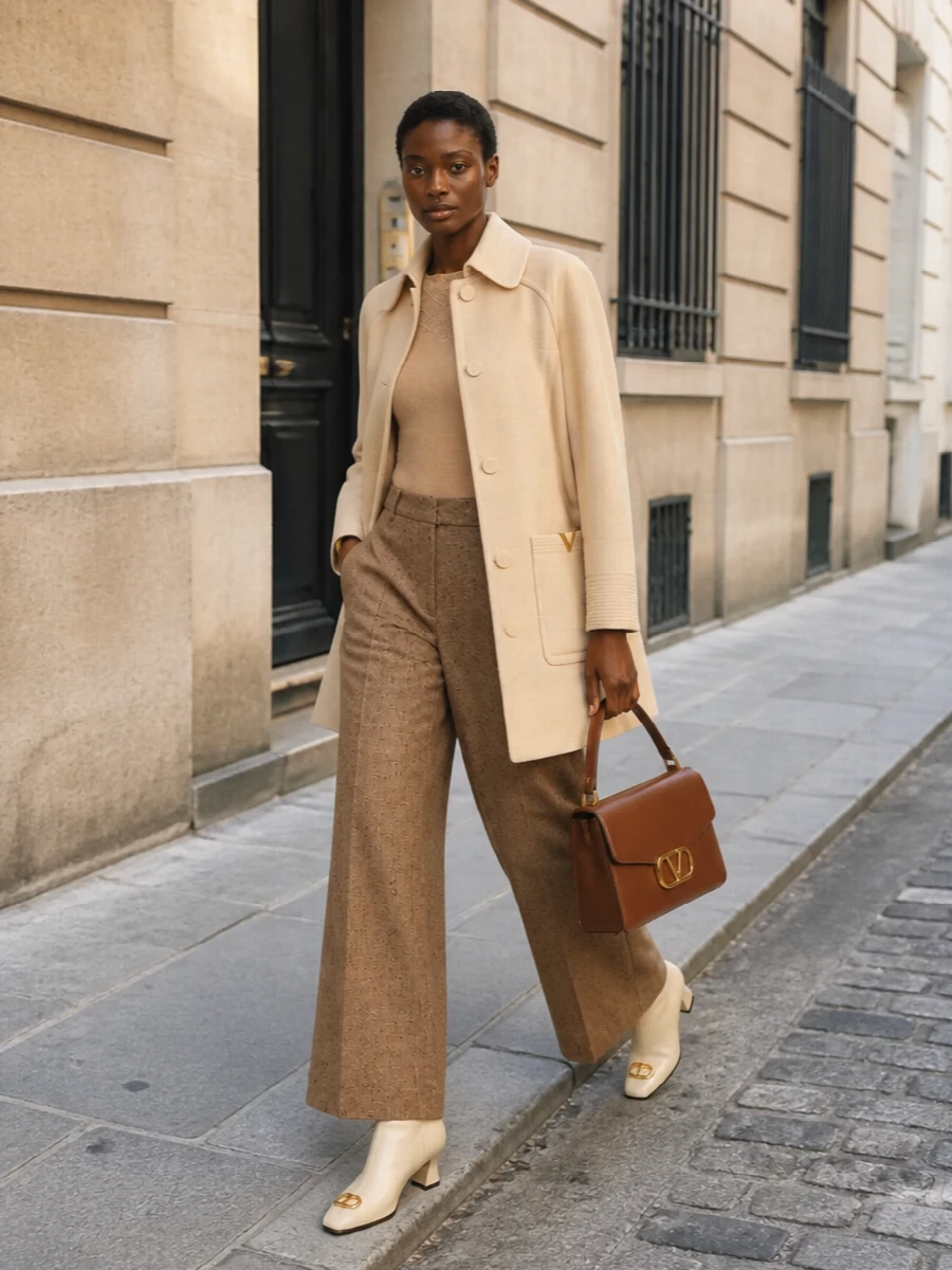 This look builds a fully tonal FW story around the Valentino beige coat, pairing it with a slim camel ribbed knit and sculpted camel tweed wide-leg trousers for a long, quietly luxurious silhouette. Cream ankle boots and a caramel top-handle bag keep the palette warm and cohesive while the subtle gold hardware ties back to the coat’s V details, delivering an understated yet impeccably polished city uniform. I chose the top-and-trouser route over a dress to respect the coat’s relaxed, mid-length daywear character and to fully explore the nuanced camel-on-camel tailoring it invites.