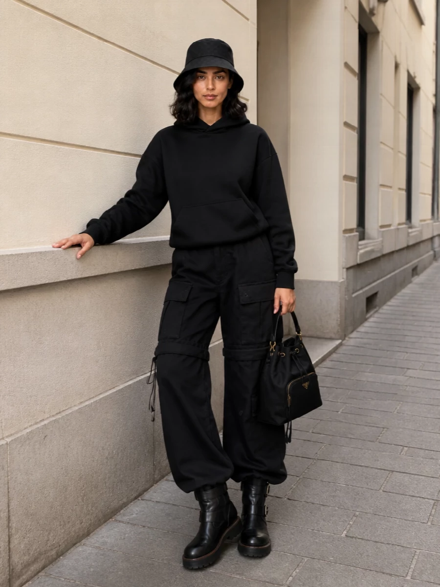 A black-on-black streetwear set that lets texture and proportion do the work, built around the Gucci bucket hat’s stealthy polish. The Balenciaga hoodie and cargos create a clean, elongated urban line, grounded by lug-soled biker boots. A black Prada bucket bag keeps the mood logo-lite and intentional, so the whole outfit feels quietly expensive without trying too hard.