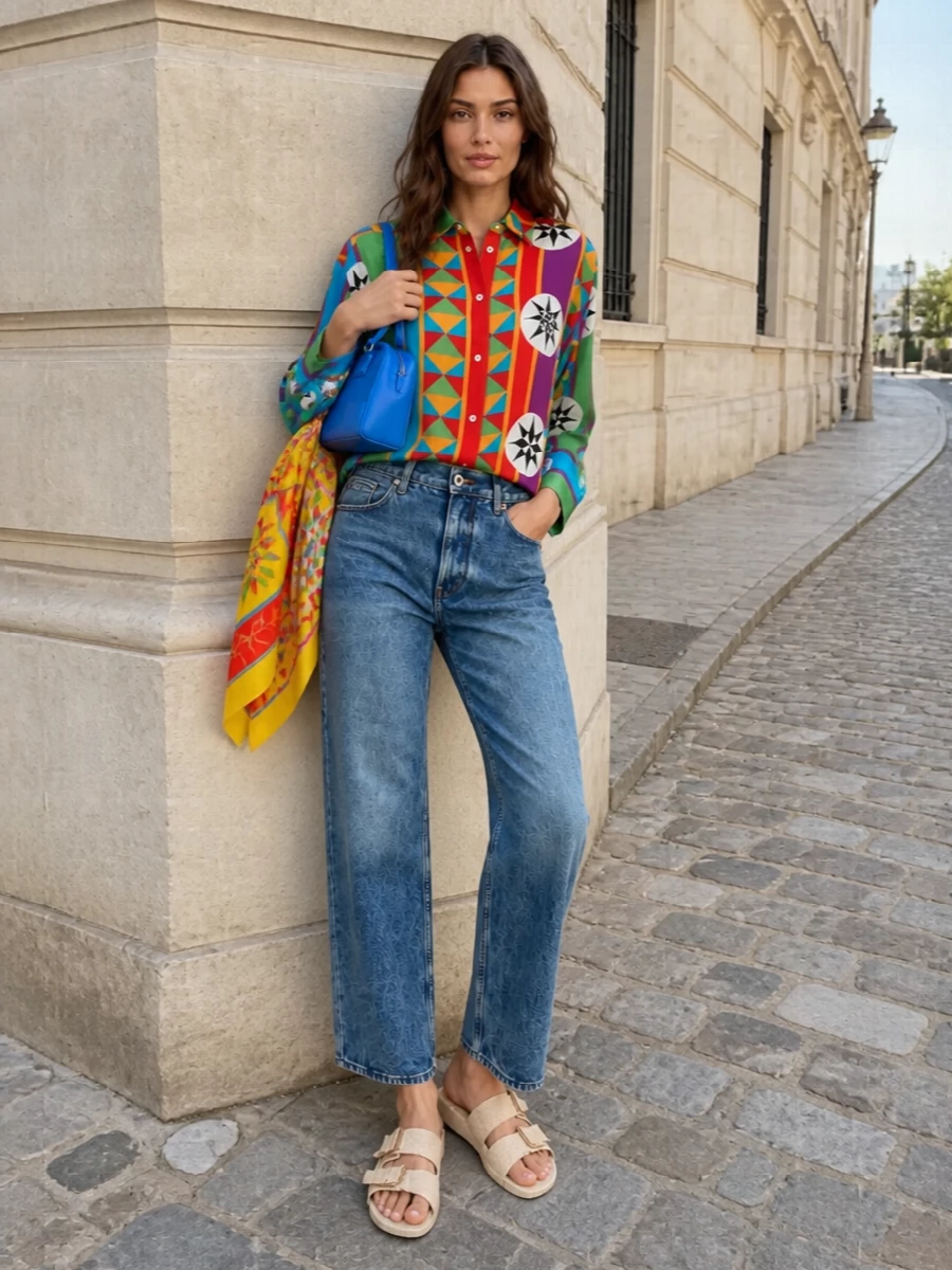 Loewe Paula’s Ibiza’s kaleidoscopic shirt meets relaxed mid blue denim for a graphic yet easy summer uniform, all colour and movement with none of the fuss. Cream textured slides keep it grounded and laid back, while an electric blue mini bag and a sunburst-print scarf dial the Mediterranean energy up just enough for terrace drinks or a beachside gallery day.