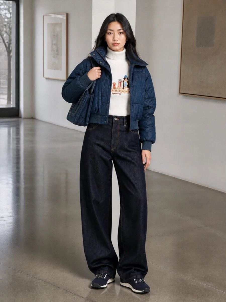 Jacob cohen denim puffer wide leg jeans outfit