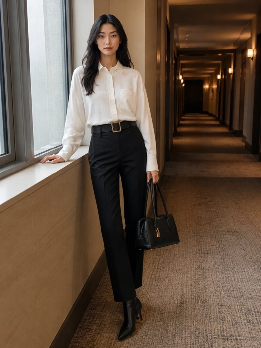 Stella mccartney black trousers ivory shirt outfit