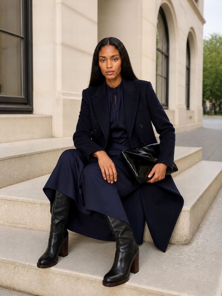 Dries van noten navy coat armani navy midi dress