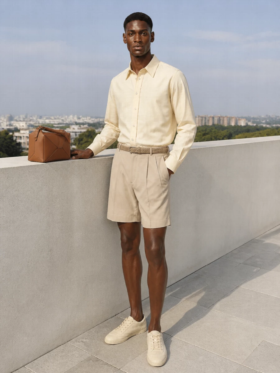 Celine tailored shorts lemaire cream shirt outfit