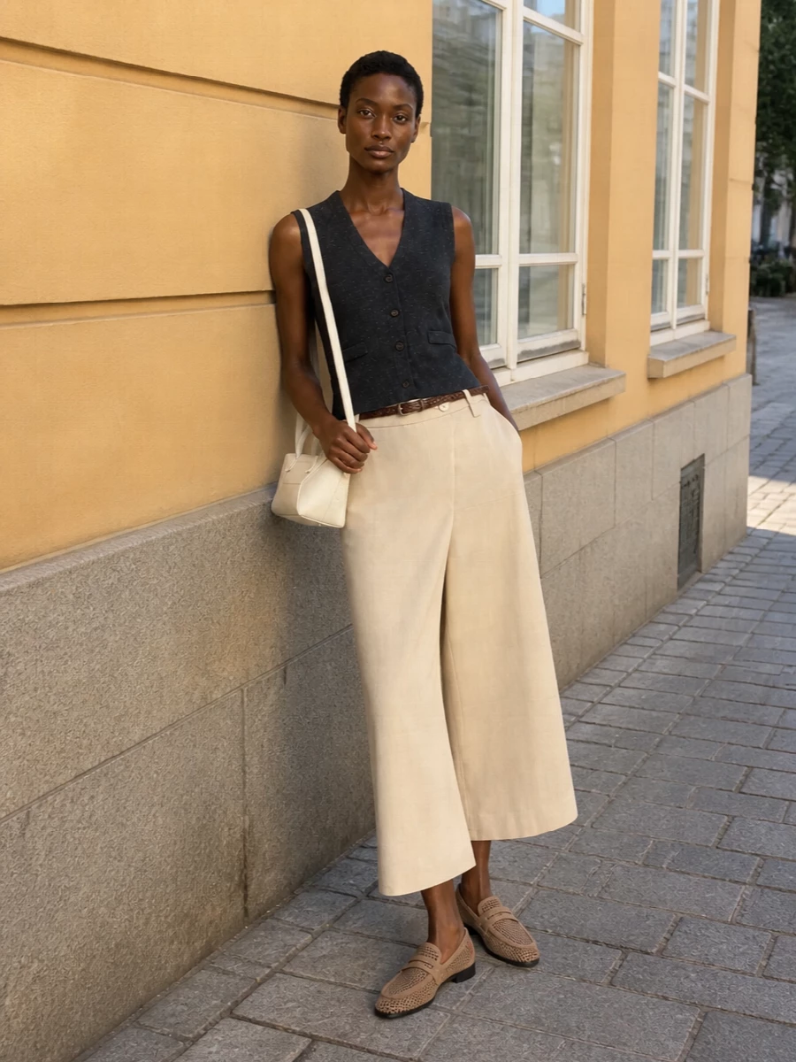 Brunello cucinelli charcoal vest beige wide leg trousers