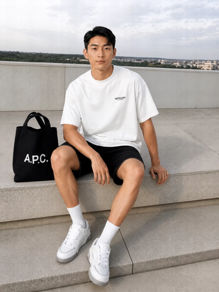 Represent white tee black denim shorts outfit