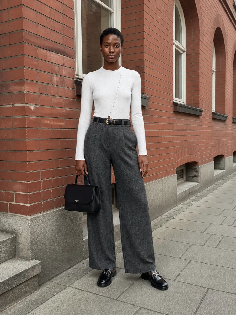 Emporio armani grey wide leg trousers outfit