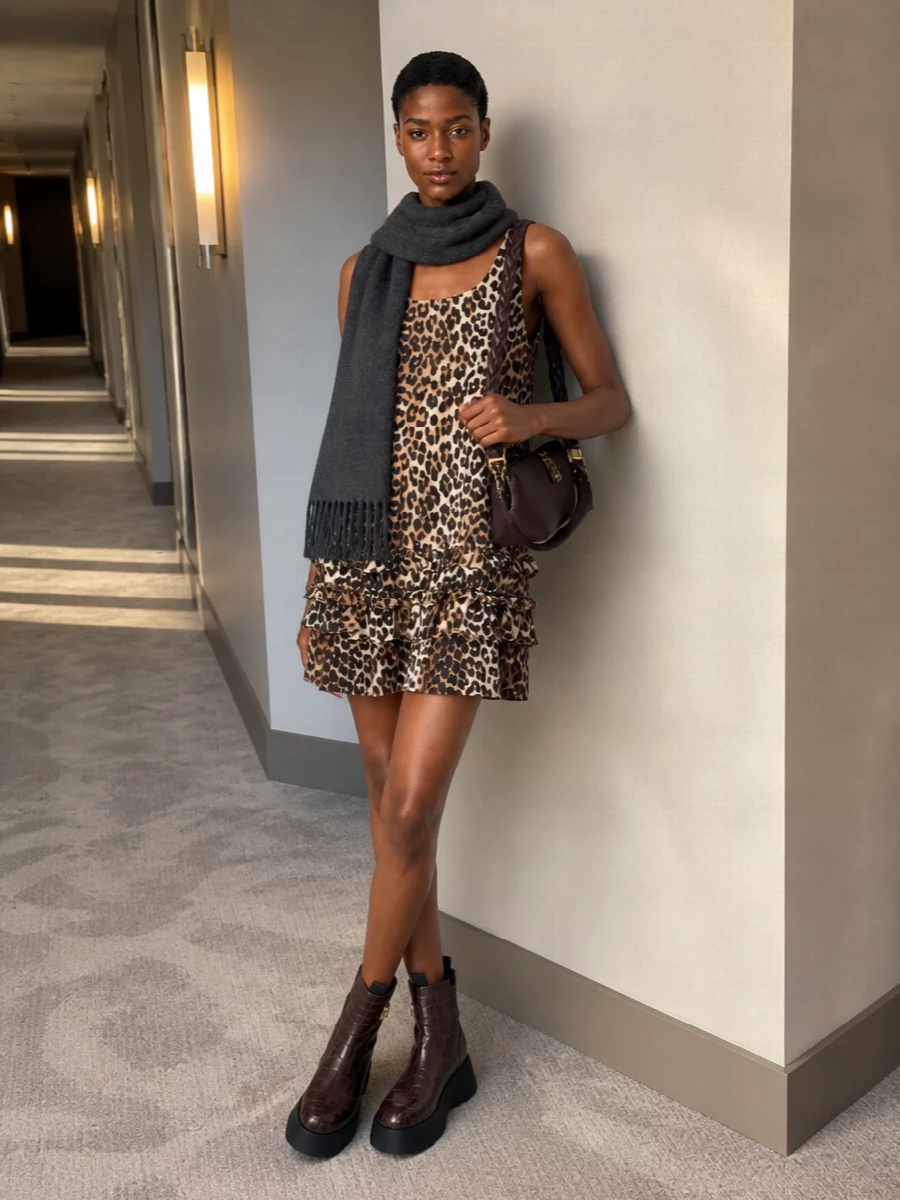 Ganni leopard mini dress brown platform boots
