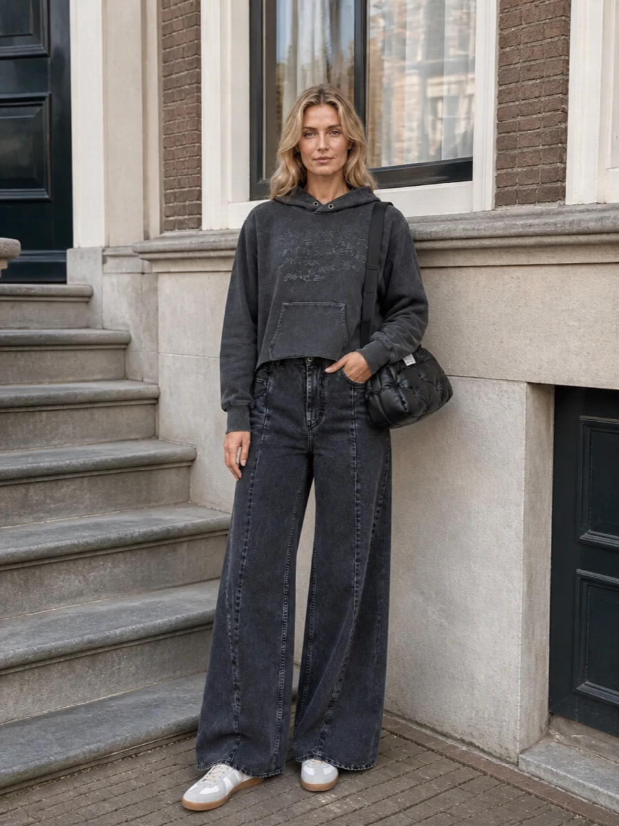 Maison margiela charcoal hoodie wide leg jeans outfit
