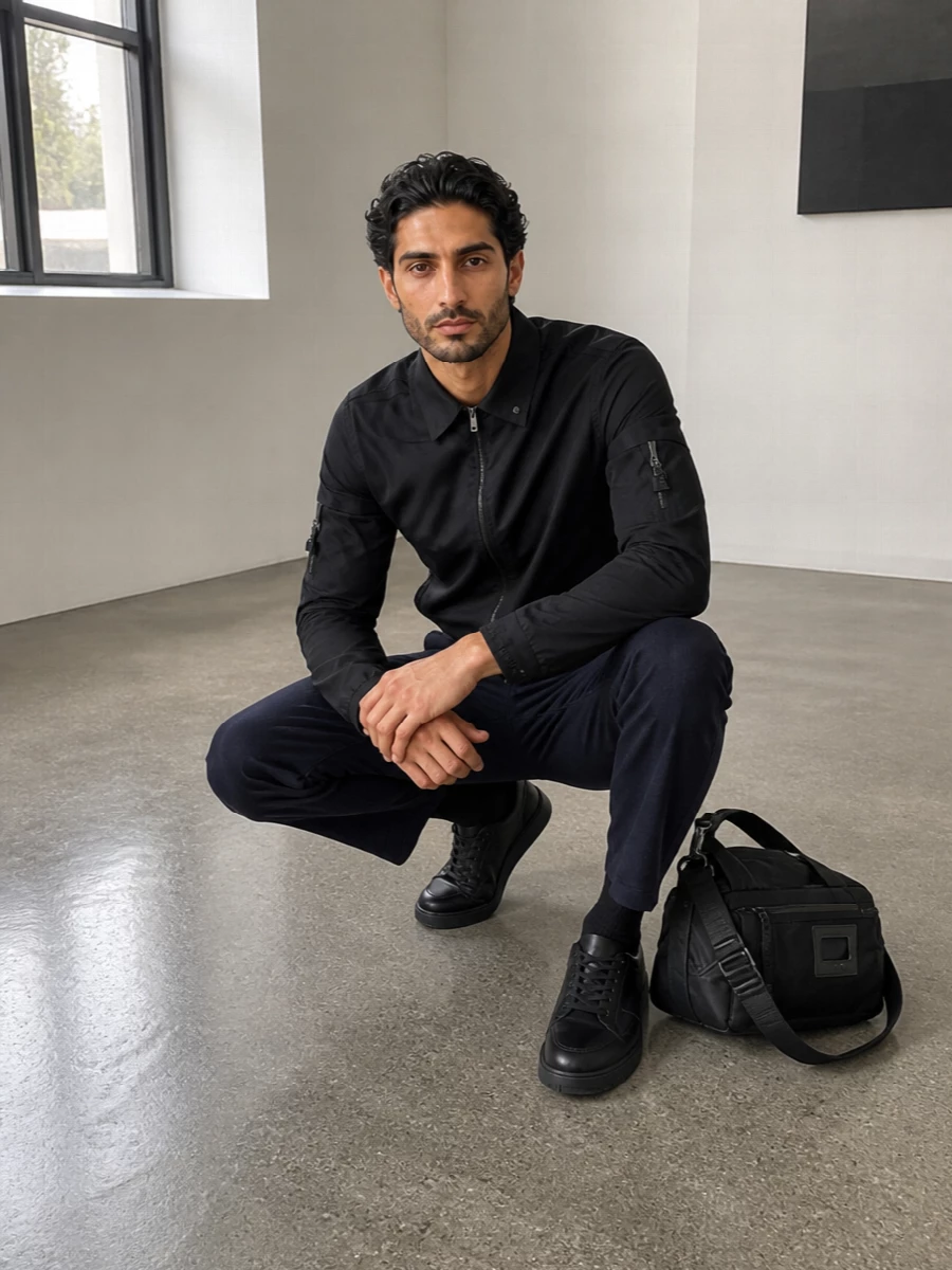 Givenchy navy cargo pants black shirt sneakers