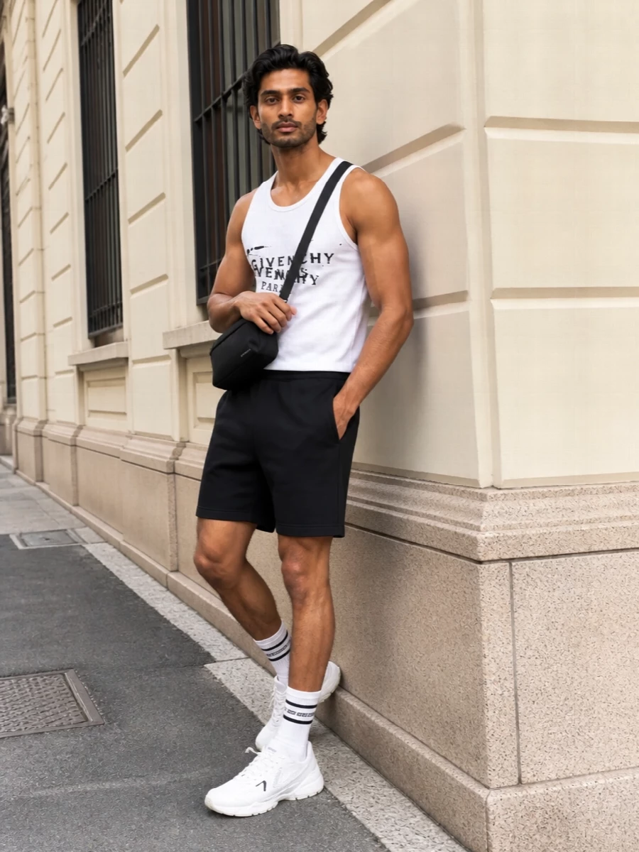 Givenchy mens white tank black shorts outfit