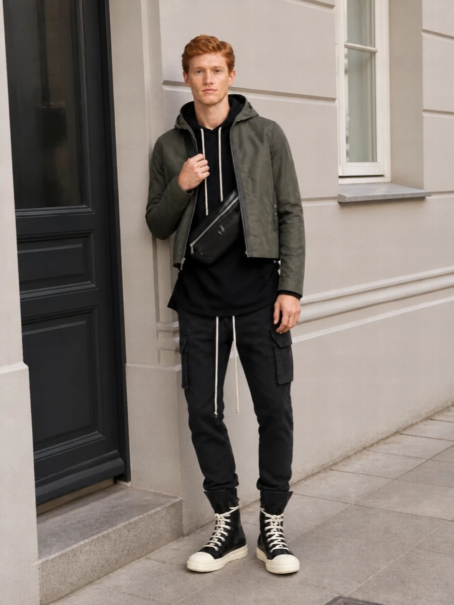 Rick owens drkshdw olive jacket black cargo pants