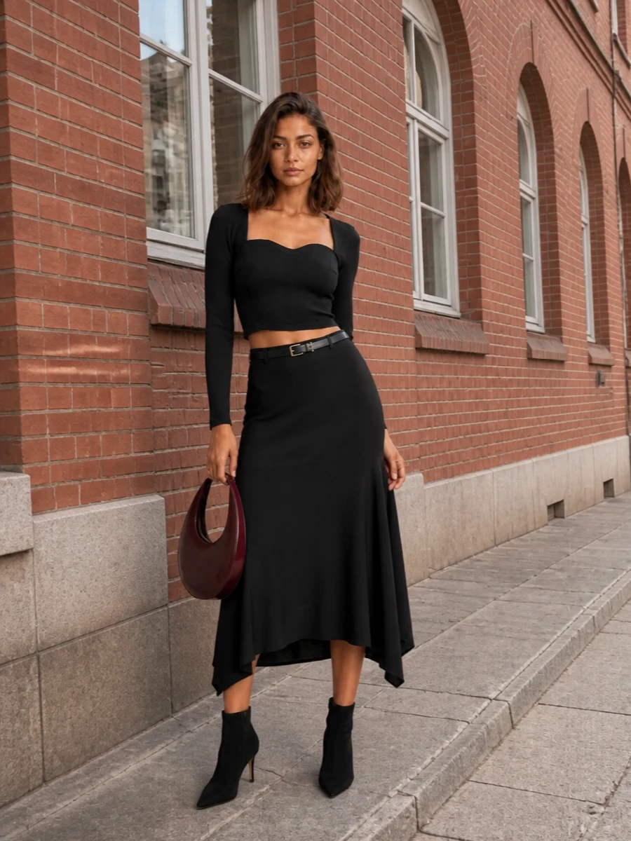 Staud black corset top asymmetric midi skirt