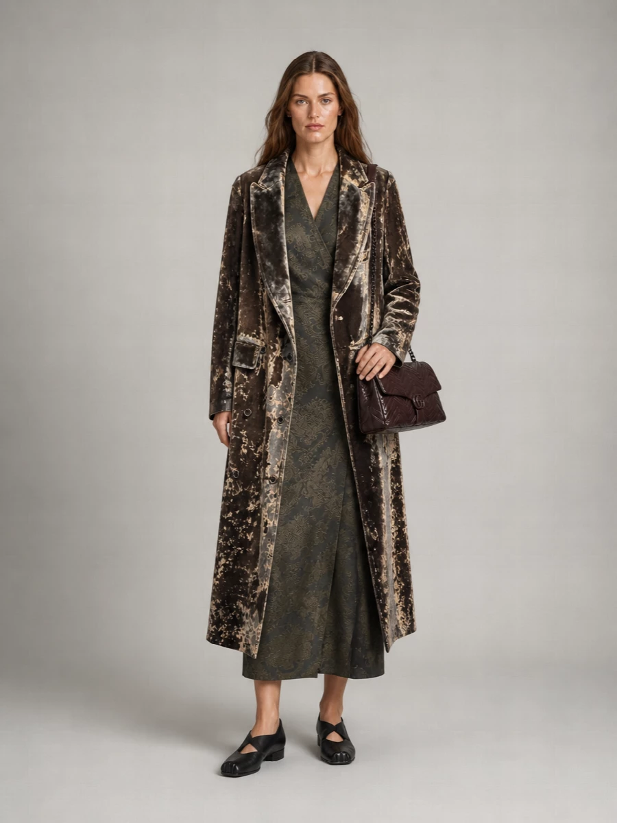 This reads as Uma Wang evening armor: a shadowed jacquard column under crushed velvet, all in charcoaled browns and antique tones. I chose the dress route so the coat and wrap dress can echo each other’s romantic drama, rather than diluting that long, sculptural line with a separate top and trouser break. Square-toe flats and a dark chocolate shoulder bag keep the mood grounded and quiet, more gallery dinner than red carpet but with unmistakable presence.