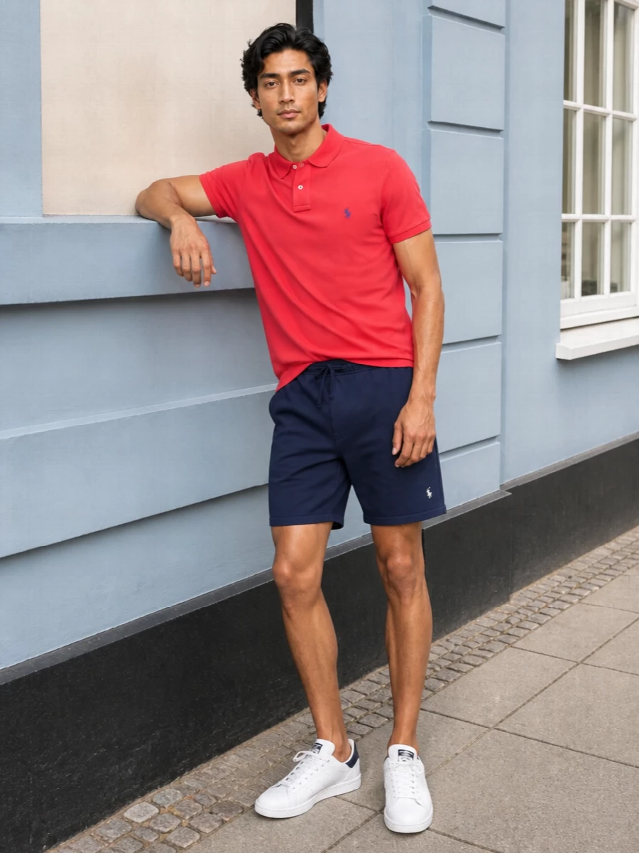A coral Polo piqué polo sits against deep navy shorts for a sharp, East Coast take on warm weather dressing. Clean white and navy court sneakers keep the mood relaxed but intentional, while the royal blue duffle and striped scarf add just enough color to feel playful without losing the minimalist edge.