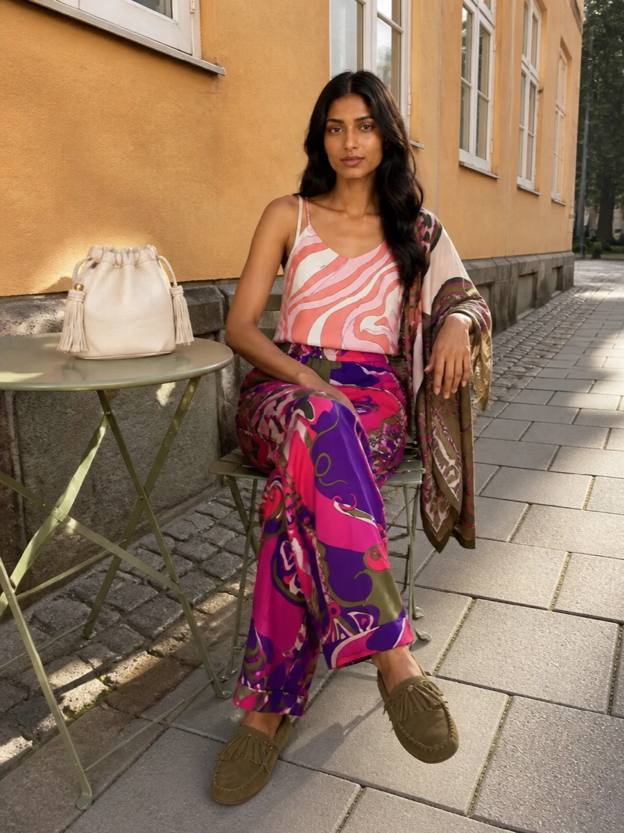 Pucci printed lounge pants pink cami outfit